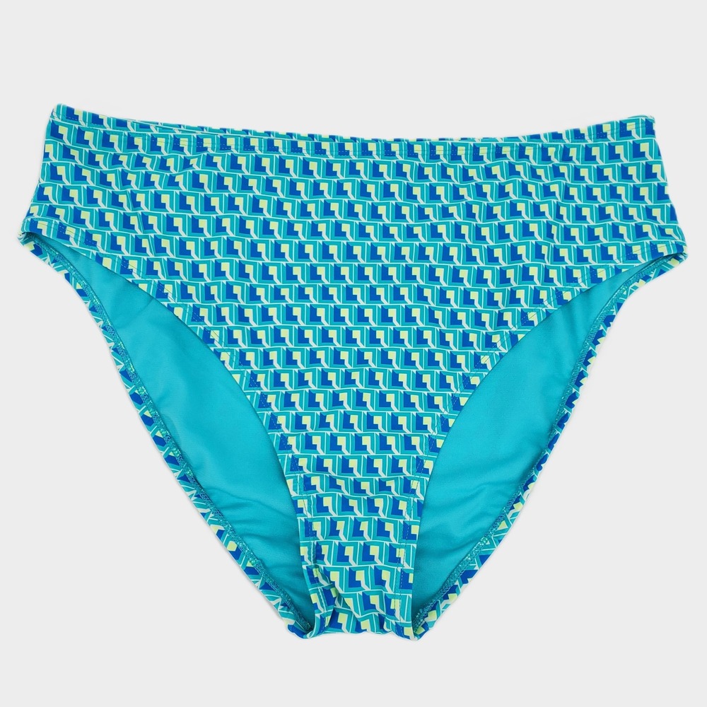 Time and Tru XL High Waist High Leg Geometric Swim Bottom Teal Blue Yellow Lined